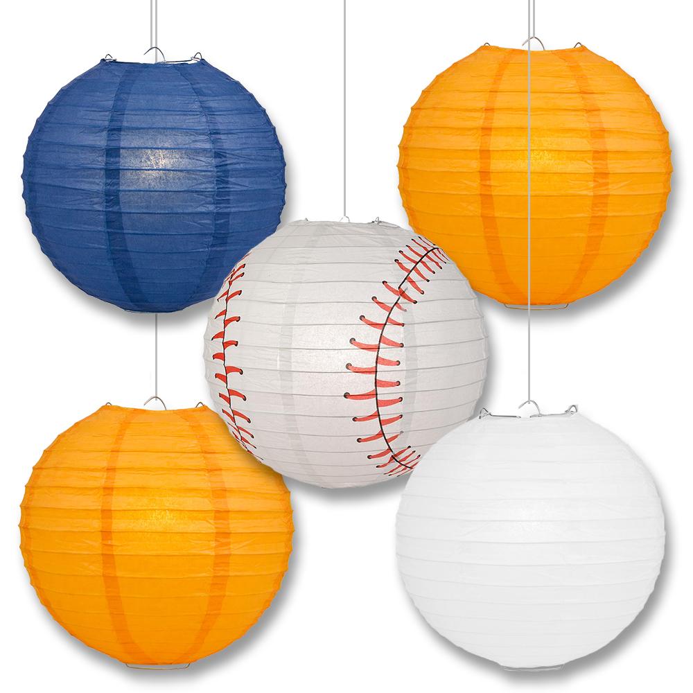 Houston Pro Baseball Navy Blue, Orange &amp; White 14-inch Paper Lanterns 5pc Combo Party Pack - Luna Bazaar | Boho &amp; Vintage Style Decor