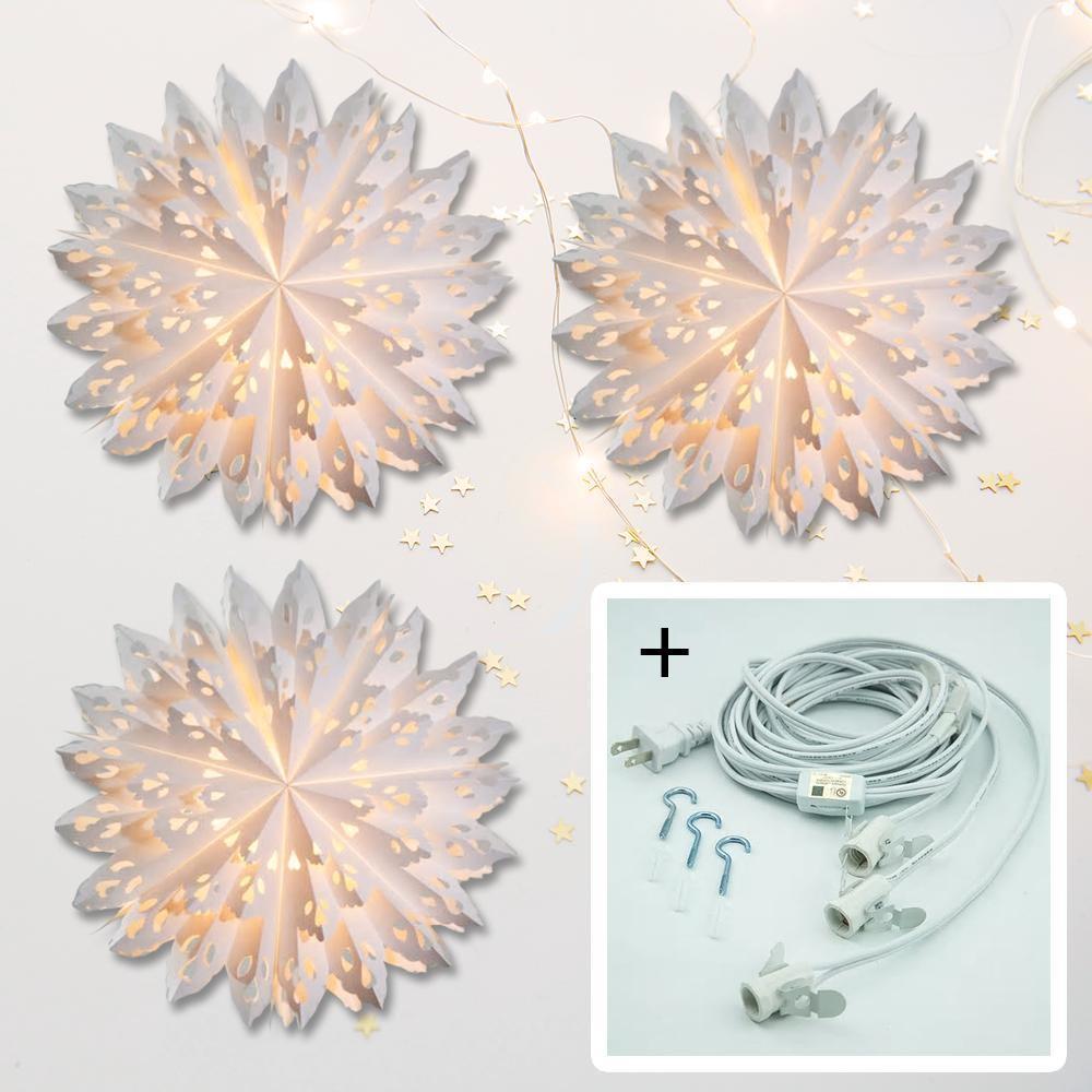 3-PACK + Cord | White Neve 24 Inch Pizzelle Designer Illuminated Paper Star Lanterns and Lamp Cord Hanging Decorations - LunaBazaar.com - Discover. Decorate. Celebrate.
