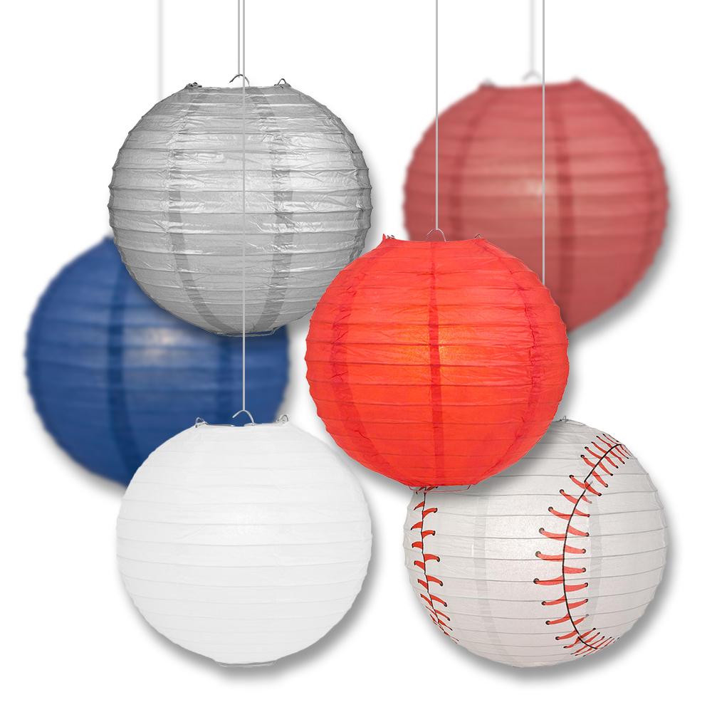 Los Angeles Pro Baseball Midnight Blue, Red, Maroon, Silver &amp; White 14-inch Paper Lanterns 6pc Combo Party Pack - Luna Bazaar | Boho &amp; Vintage Style Decor