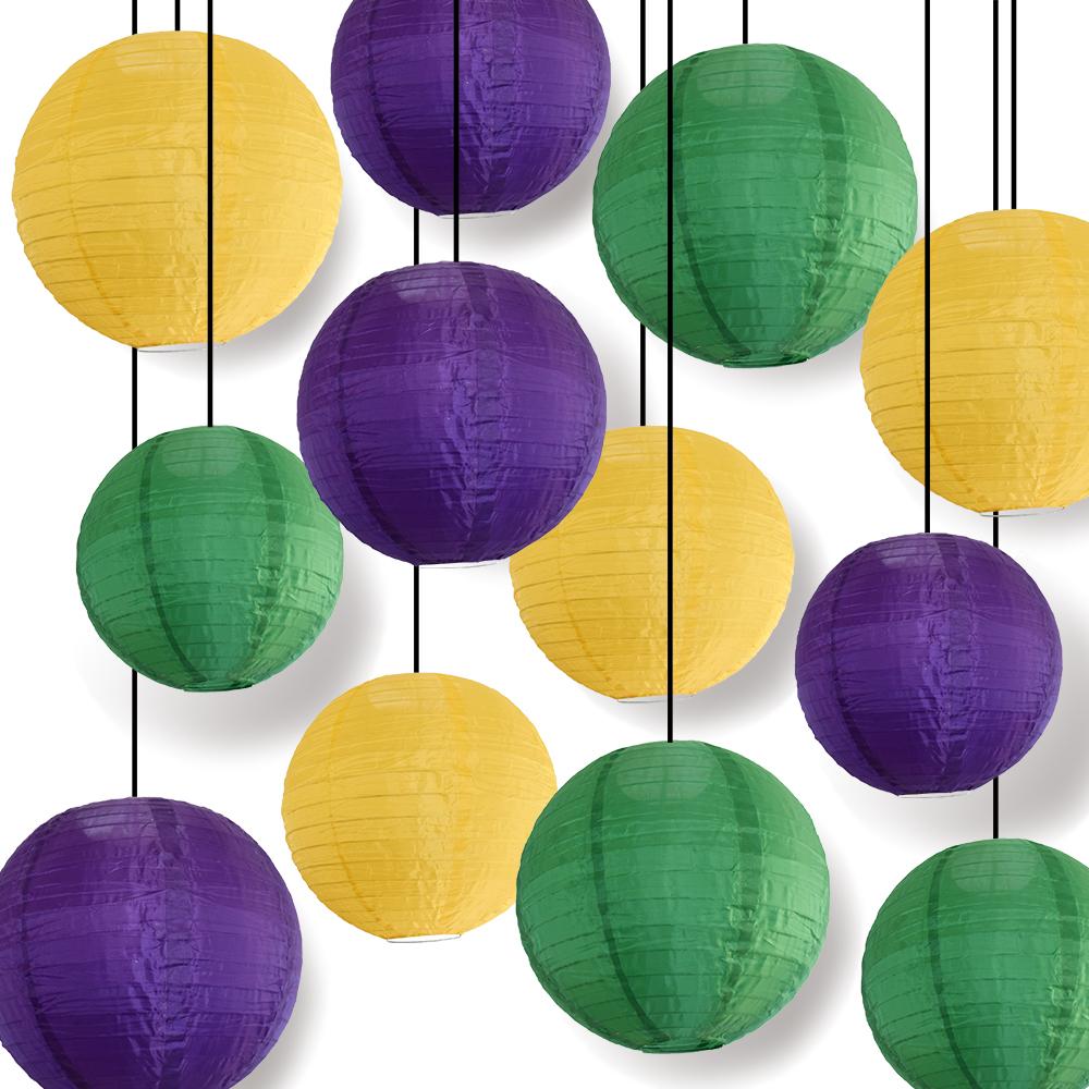 12-pc Mardi Gras Carnaval Colorful Nylon Lantern Combo Hanging Decoration Party Pack (No Lighting Included)