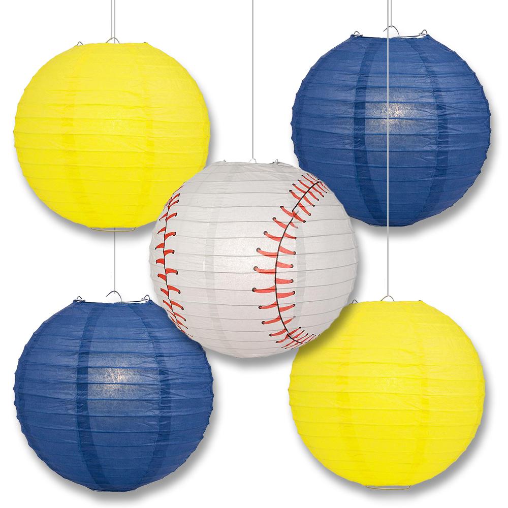Milwaukee Pro Baseball Navy Blue &amp; Yellow 14-inch Paper Lanterns 5pc Combo Party Pack - Luna Bazaar | Boho &amp; Vintage Style Decor