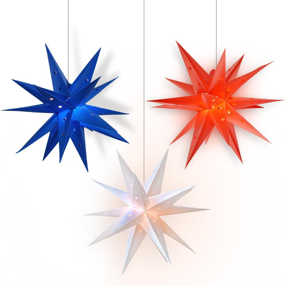 4th of July 3-Pack Moravian Weatherproof Star Lantern Lamps, Hanging Decoration, 1x Red, 1x White, 1x Blue