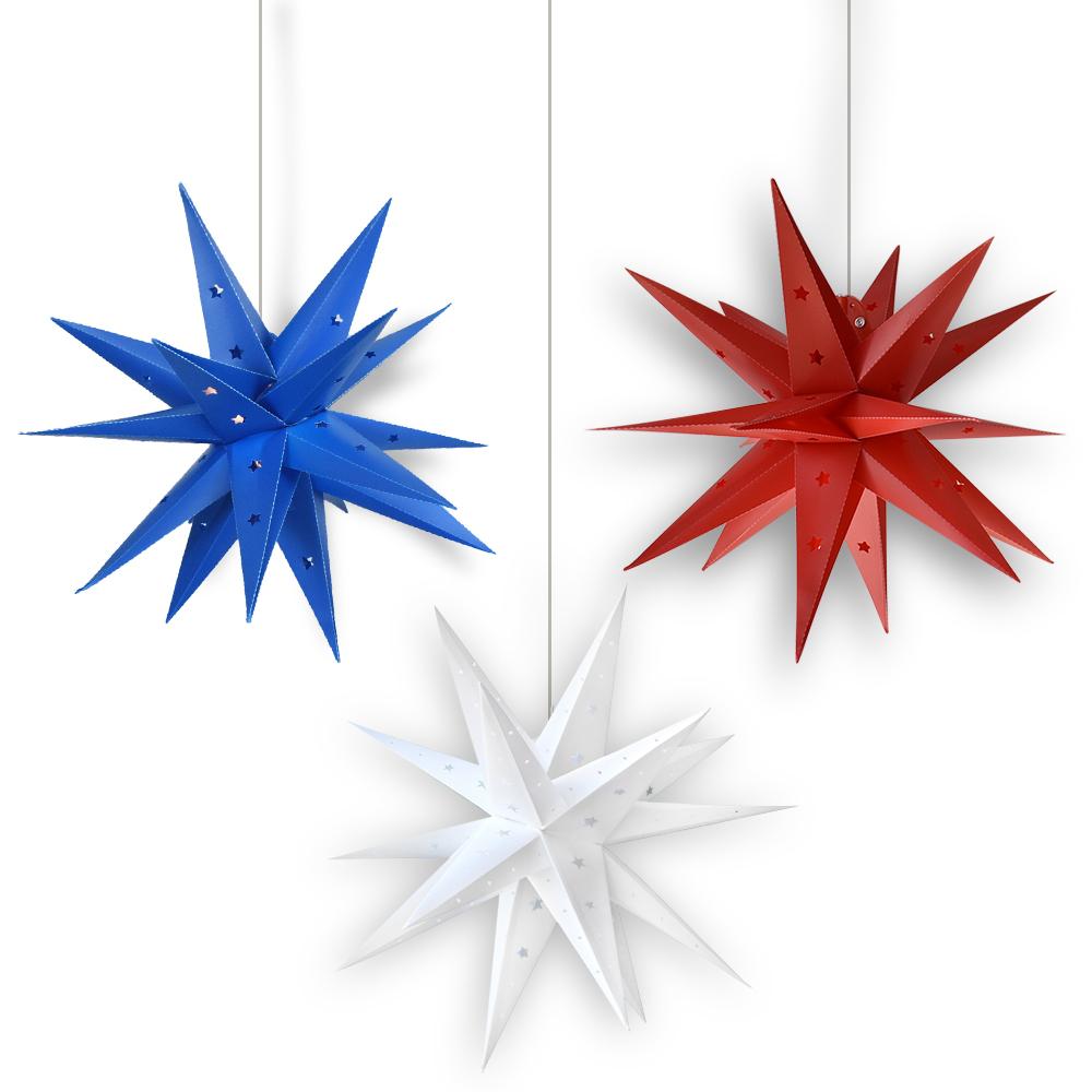 4th of July 3-Pack Moravian Weatherproof Star Lantern Lamps, Hanging Decoration, 1x Red, 1x White, 1x Blue (Shades Only)