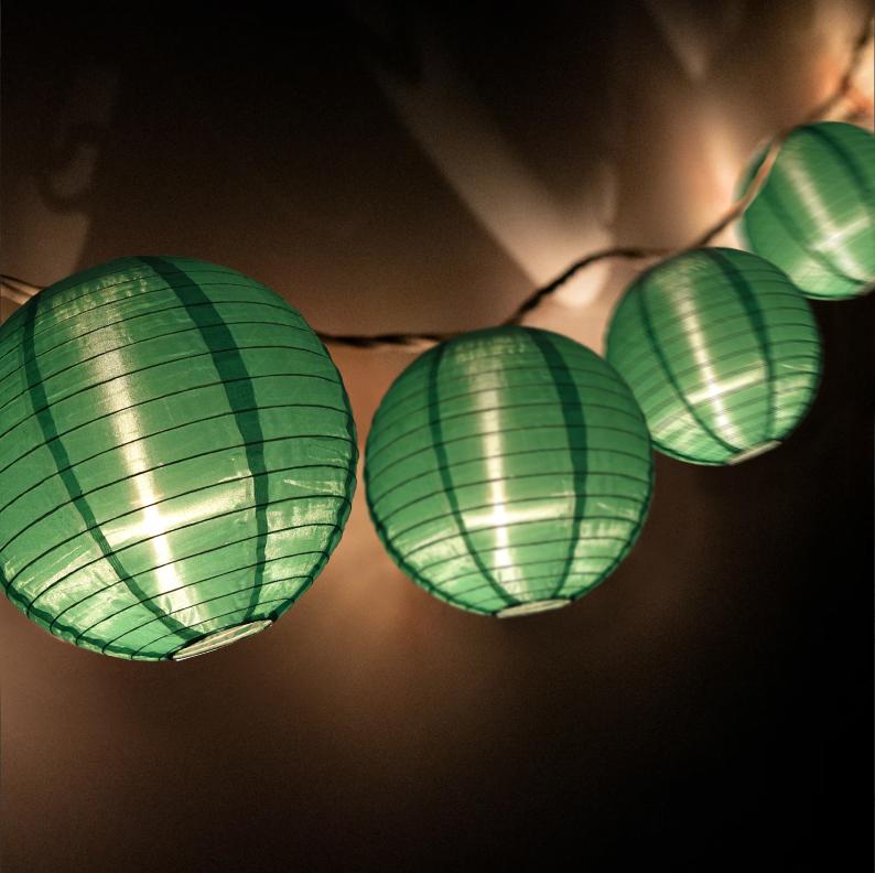 4&quot; Emerald Green Round Shimmering Nylon Lantern Party String Lights (8FT, Expandable) - Luna Bazaar | Boho &amp; Vintage Style Decor