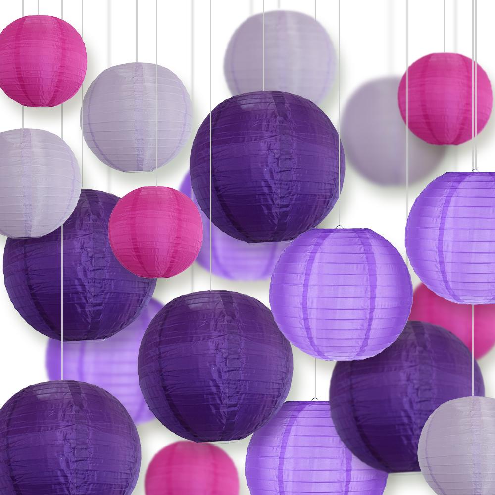 Ultimate 20-Piece Purple Variety Nylon Lantern Party Pack - Assorted Sizes of 6&quot;, 8&quot;, 10&quot;, 12&quot; (5 Round Lanterns Each) for Weddings, Events and Décor
