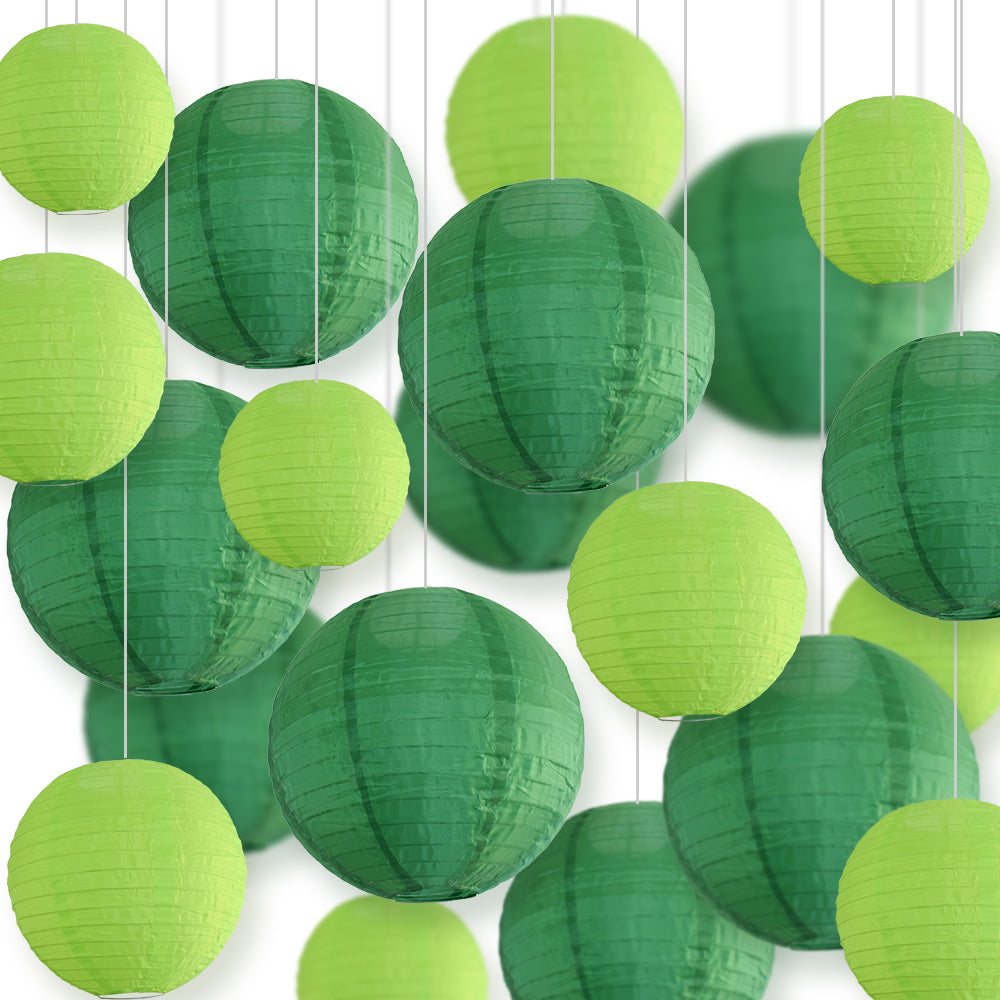 Ultimate 20-Piece Green Variety Nylon Lantern Party Pack - Assorted Sizes of 8 Inch, 10 Inch, 12, 14 Inch (5 Round Lanterns Each) for Weddings, Events and Decor - Luna Bazaar | Boho &amp; Vintage Style Decor
