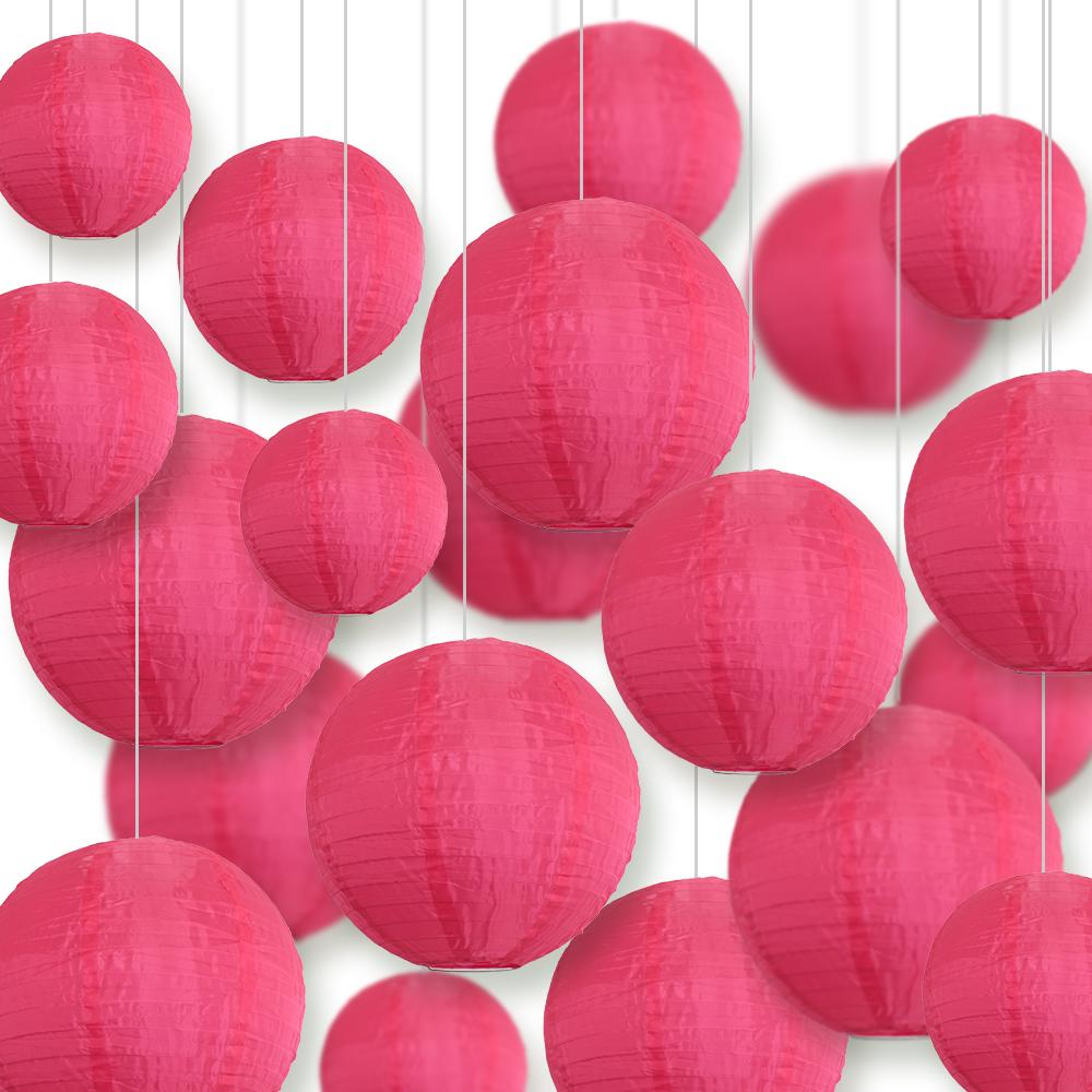 Ultimate 20-Piece Hot Pink Nylon Lantern Party Pack - Assorted Sizes of 6&quot;, 8&quot;, 10&quot;, 12&quot; (5 Round Lanterns Each) for Weddings, Events and Décor