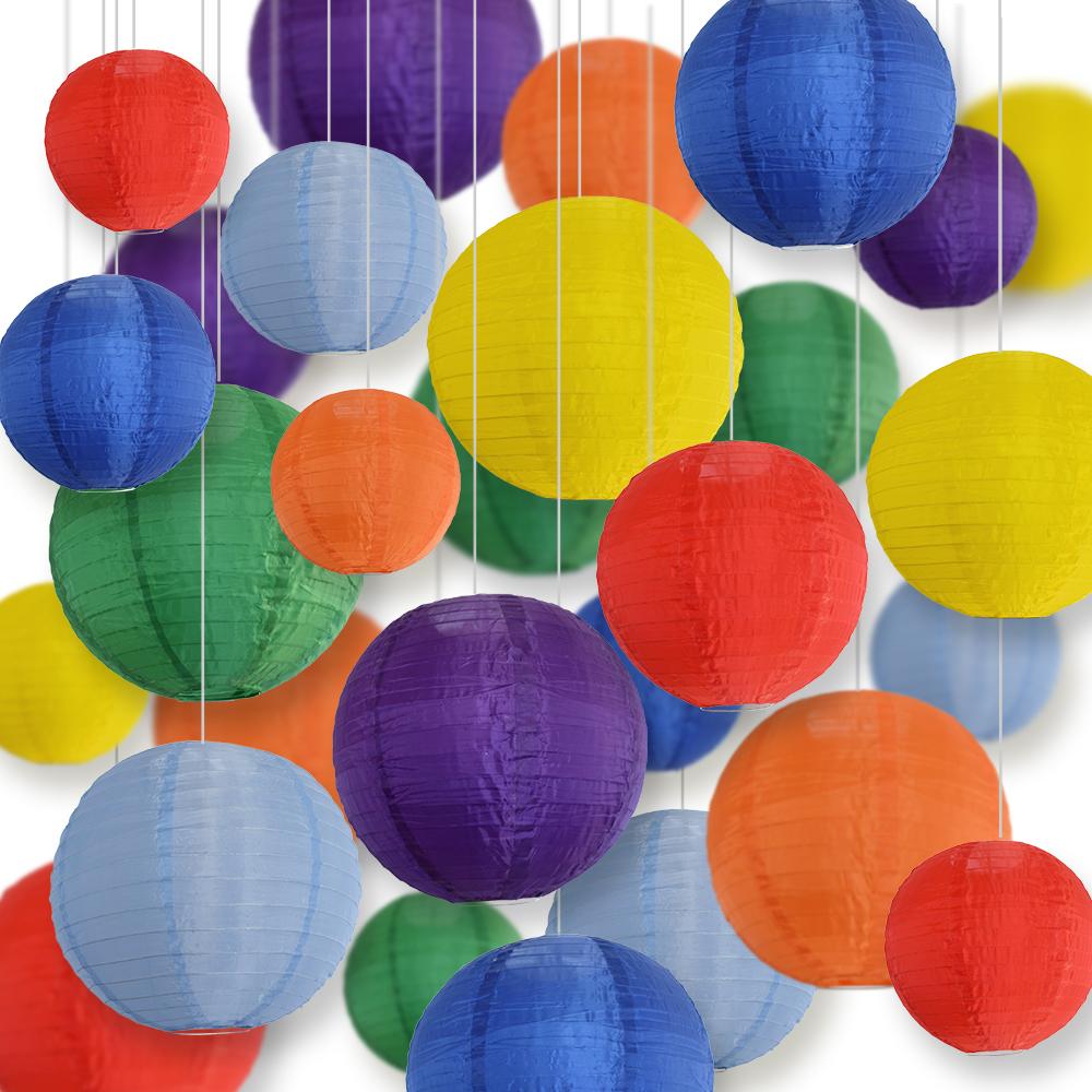 Ultimate 28-Piece Rainbow Variety Nylon Lantern Party Pack - Assorted Sizes of 6&quot;, 8&quot;, 10&quot;, 12&quot; (7 Round Lanterns Each) for Weddings, Events and Décor