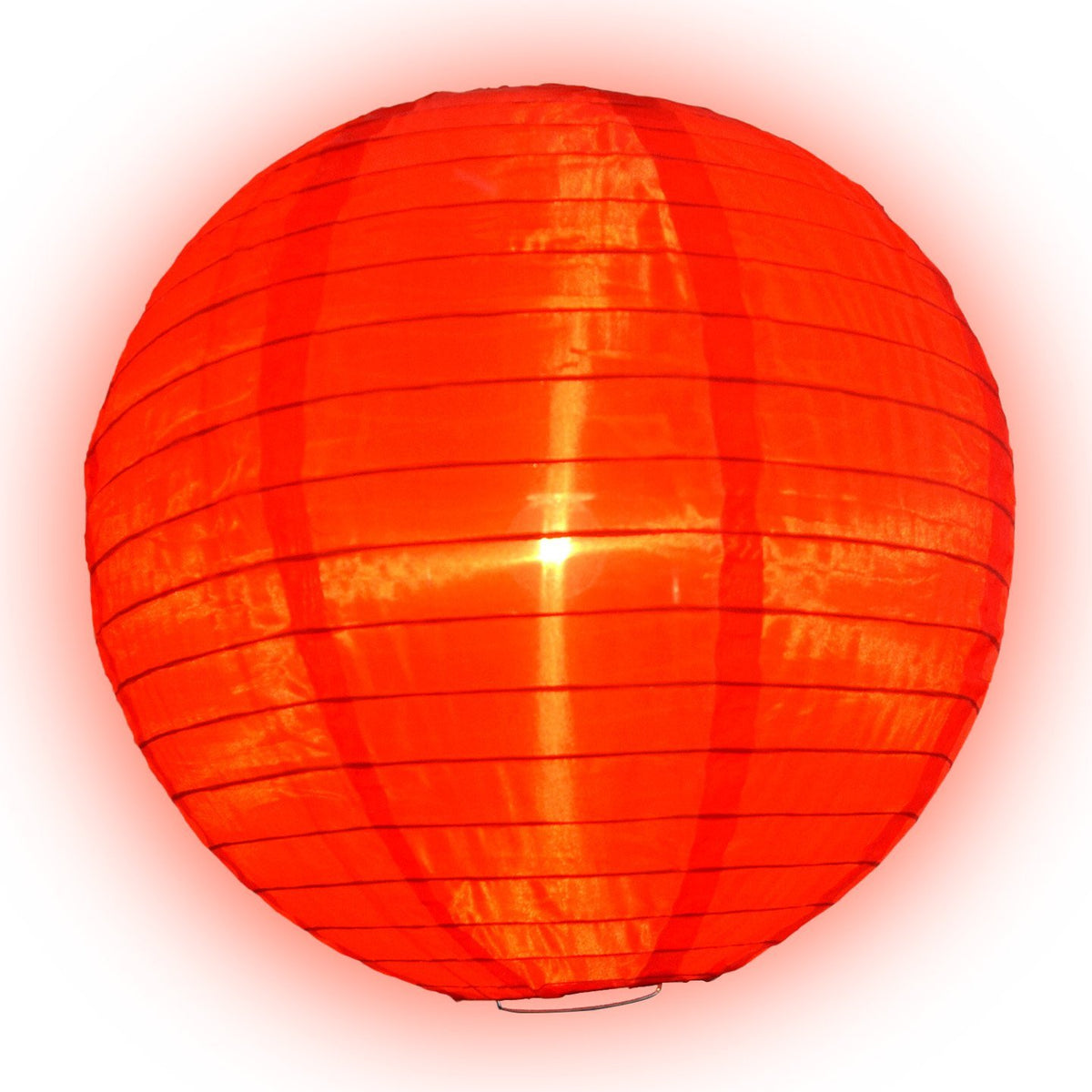 Lit Red Shimmering Nylon Lantern, Even Ribbing, Durable, Hanging