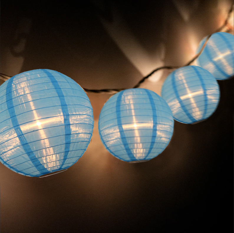 CLOSEOUT 4 Inch Baby Blue Round Shimmering Nylon Lantern Party String Lights (8FT, Expandable) - Luna Bazaar | Boho &amp; Vintage Style Decor