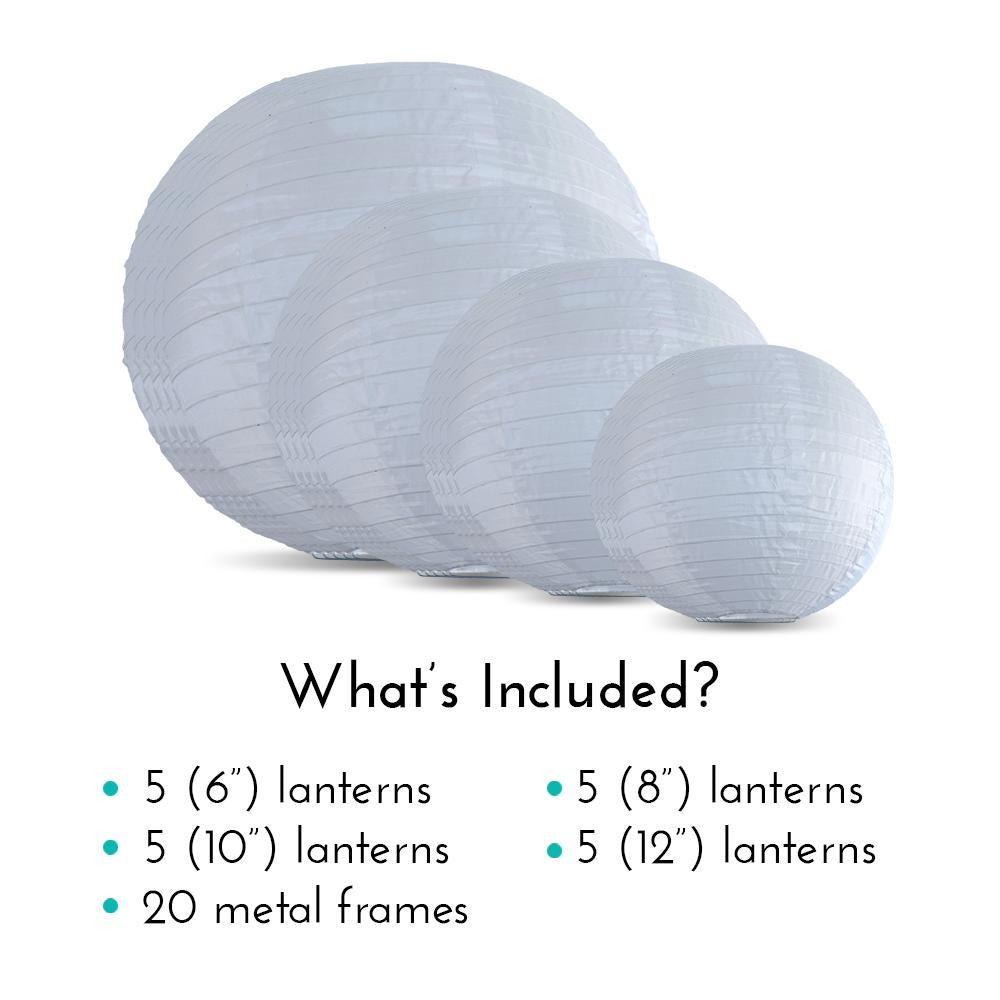 Ultimate 20-Piece White Nylon Lantern Party Pack - Assorted Sizes of 6&quot;, 8&quot;, 10&quot;, 12&quot; (5 Round Lanterns Each) for Weddings, Events and Décor - Luna Bazaar | Boho &amp; Vintage Style Decor