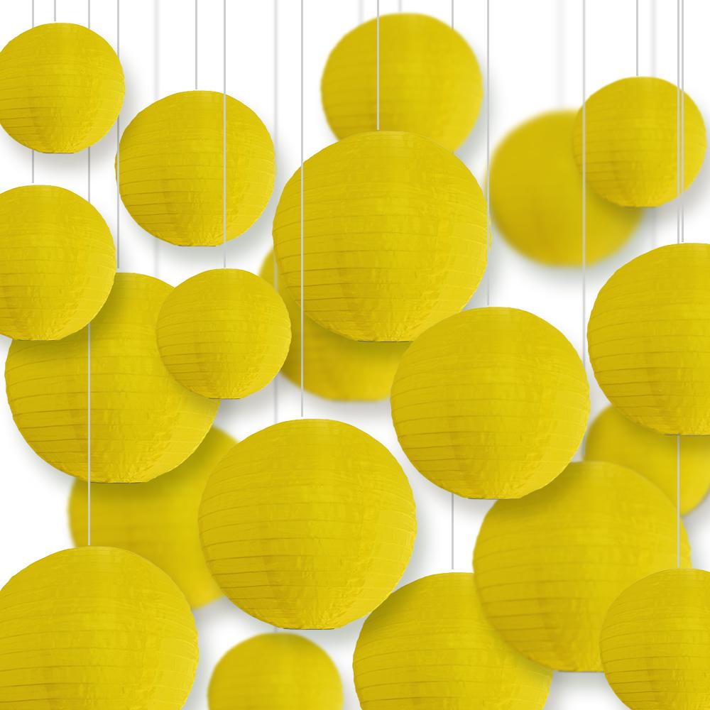 Ultimate 20-Piece Yellow Nylon Lantern Party Pack - Assorted Sizes of 6&quot;, 8&quot;, 10&quot;, 12&quot; (5 Round Lanterns Each) for Weddings, Events and Décor