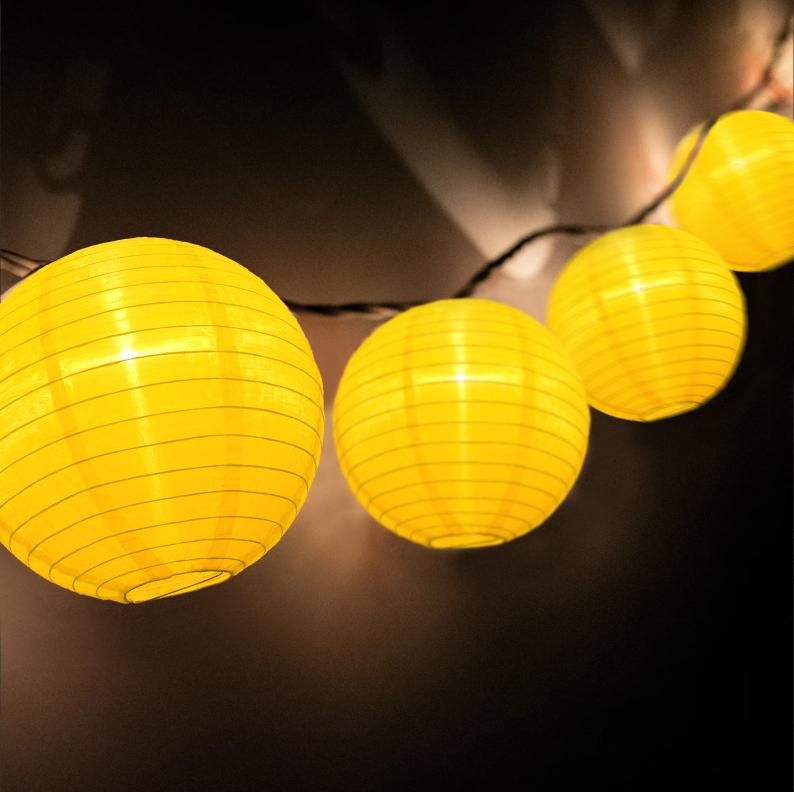 4&quot; Yellow Round Shimmering Nylon Lantern Party String Lights (8FT, Expandable) - Luna Bazaar | Boho &amp; Vintage Style Decor