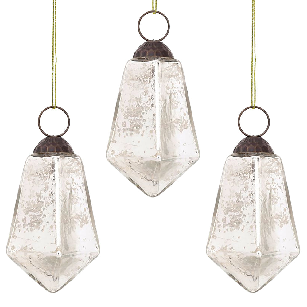 3-PACK | 3&quot; Silver Kayla Mercury Glass Teardrop Ornament Christmas Tree Decoration - Luna Bazaar | Boho &amp; Vintage Style Decor