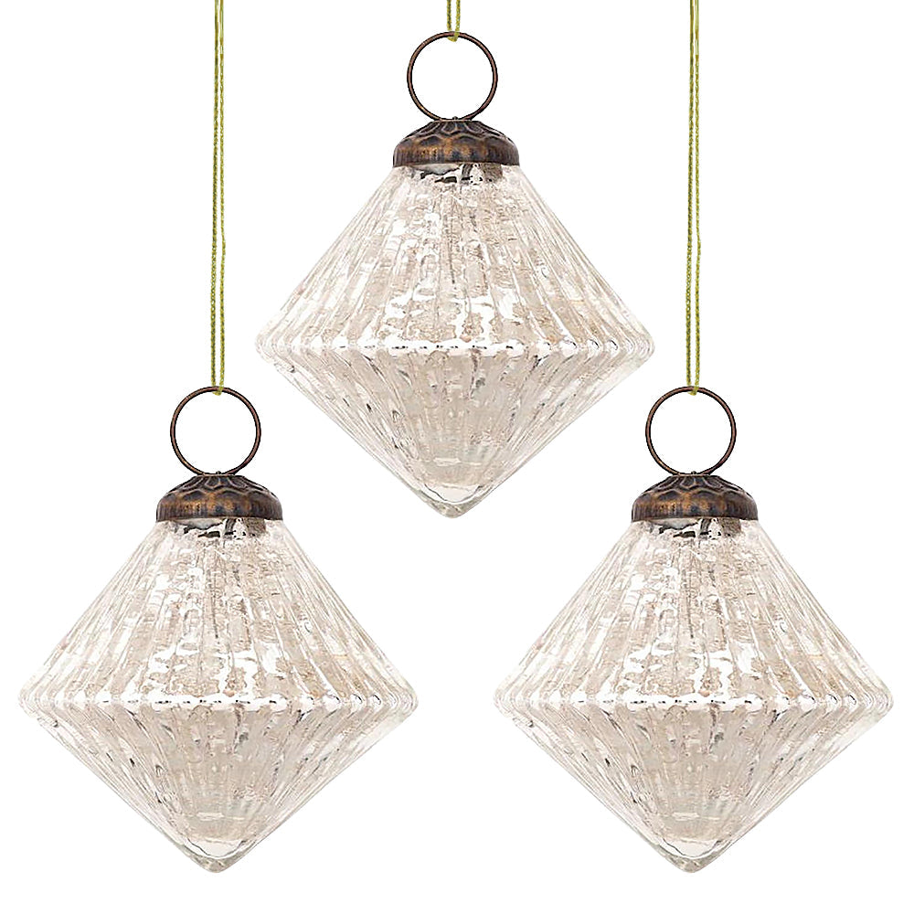 3-PACK | 3&quot; Silver Adele Mercury Glass Diamond Ornament Christmas Decoration - Luna Bazaar | Boho &amp; Vintage Style Decor