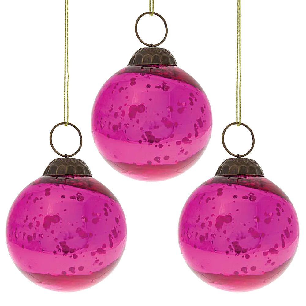 3-PACK | 2.5&quot; Fuchsia Ava Mercury Glass Ball Ornament Christmas Holiday Decoration - Luna Bazaar | Boho &amp; Vintage Style Decor