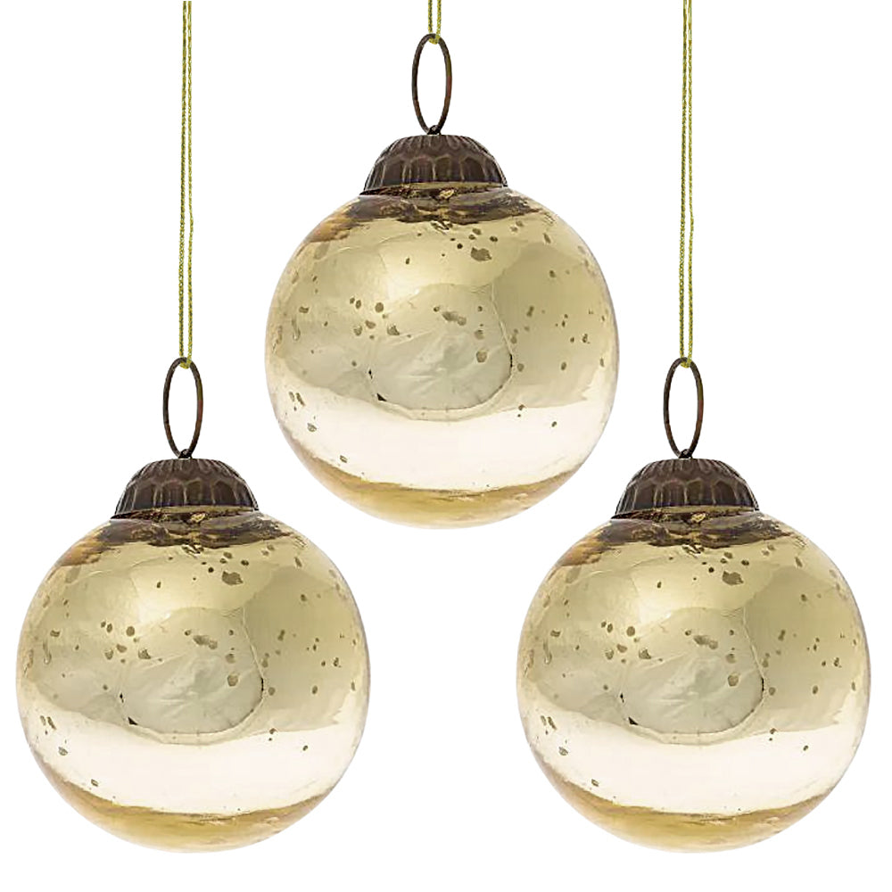3-PACK | 2.5&quot; Gold Ava Mercury Glass Ball Ornament Christmas Holiday Decoration - Luna Bazaar | Boho &amp; Vintage Style Decor