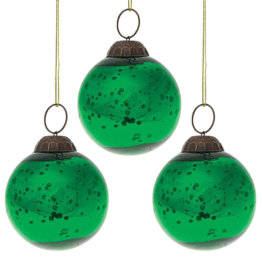 3-PACK | 2.5&quot; Green Ava Mercury Glass Ball Ornament Christmas Holiday Decoration - Luna Bazaar | Boho &amp; Vintage Style Decor