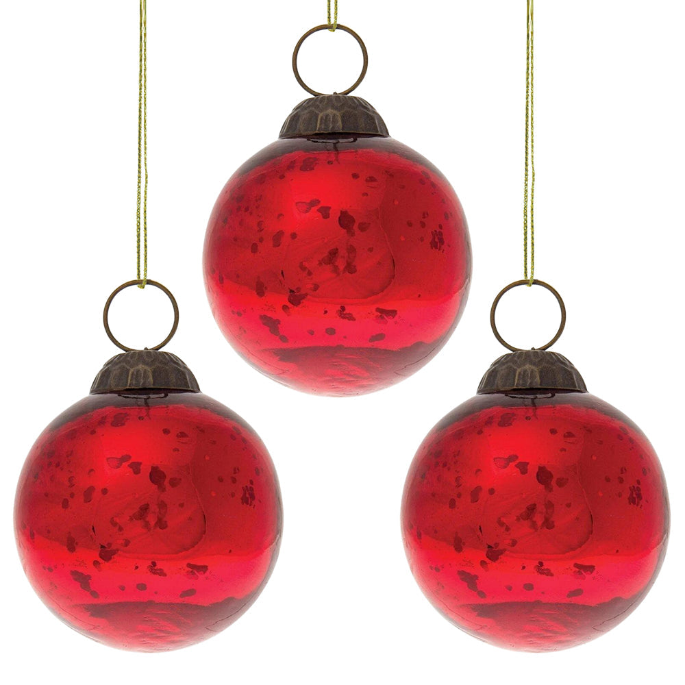 3-PACK | Small Mercury Glass Ball Ornament (2.5-inch, Red, Ava) - Luna Bazaar | Boho &amp; Vintage Style Decor