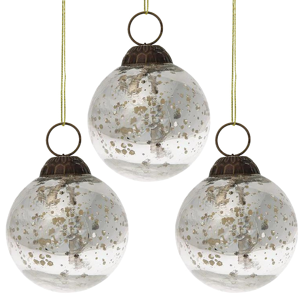 3-PACK | 2.5&quot; Silver Ava Mercury Glass Ball Ornament Christmas Holiday Decoration - Luna Bazaar | Boho &amp; Vintage Style Decor