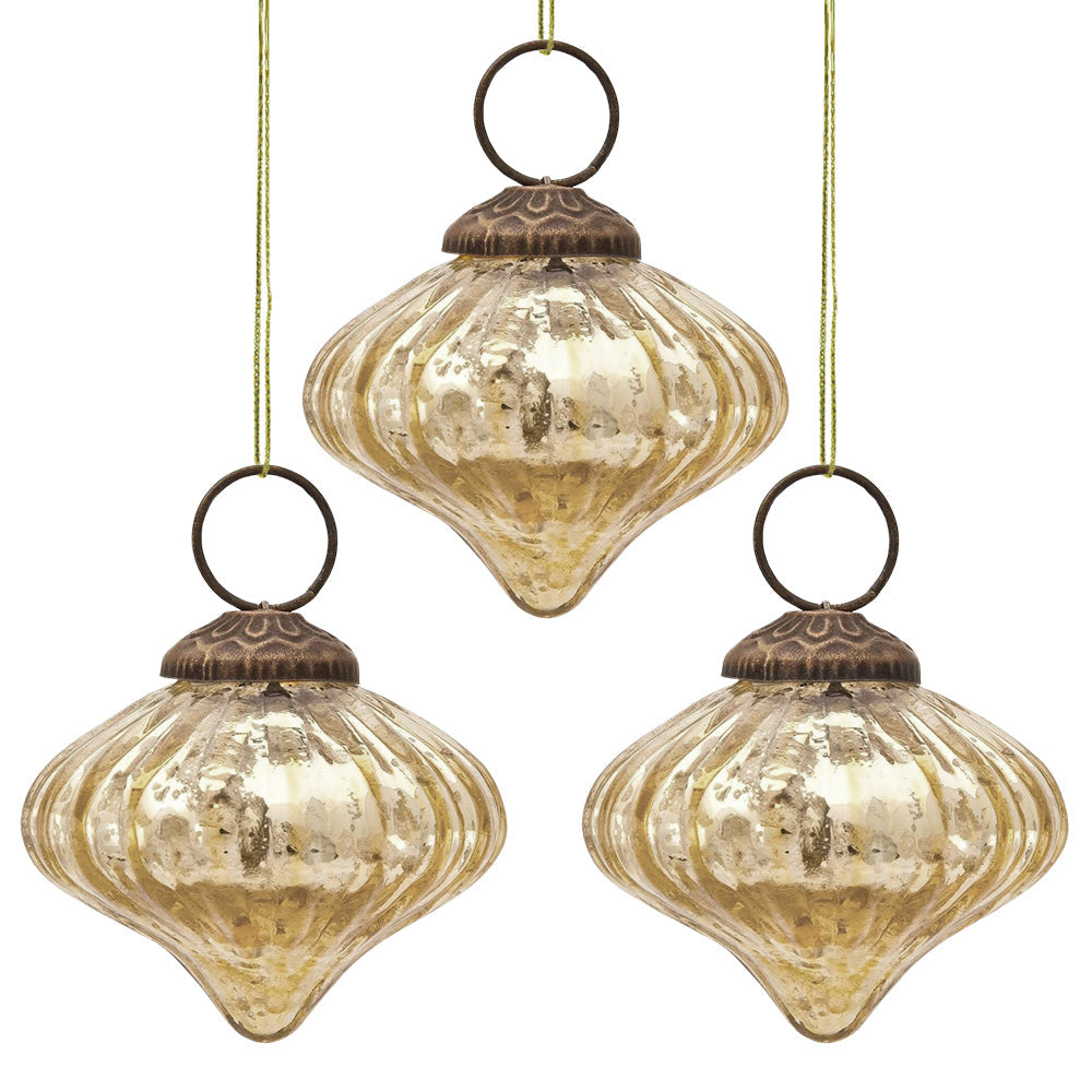 3-PACK | Small Mercury Glass Ornaments (2.5-inch, Gold, Lucy Design) - Luna Bazaar | Boho &amp; Vintage Style Decor