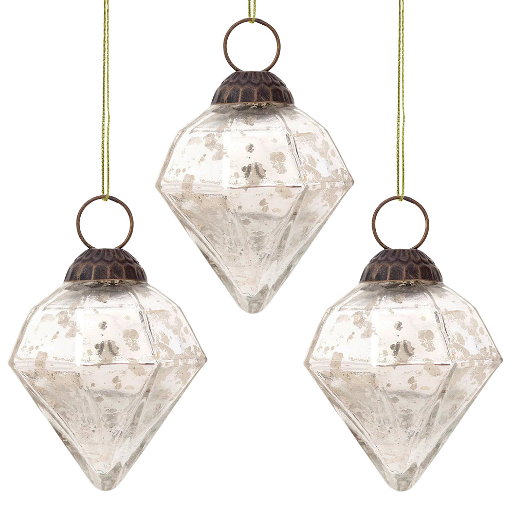 3-PACK | Mercury Glass Small Ornaments (3-inch, Silver, Elizabeth Design) - Luna Bazaar | Boho &amp; Vintage Style Decor