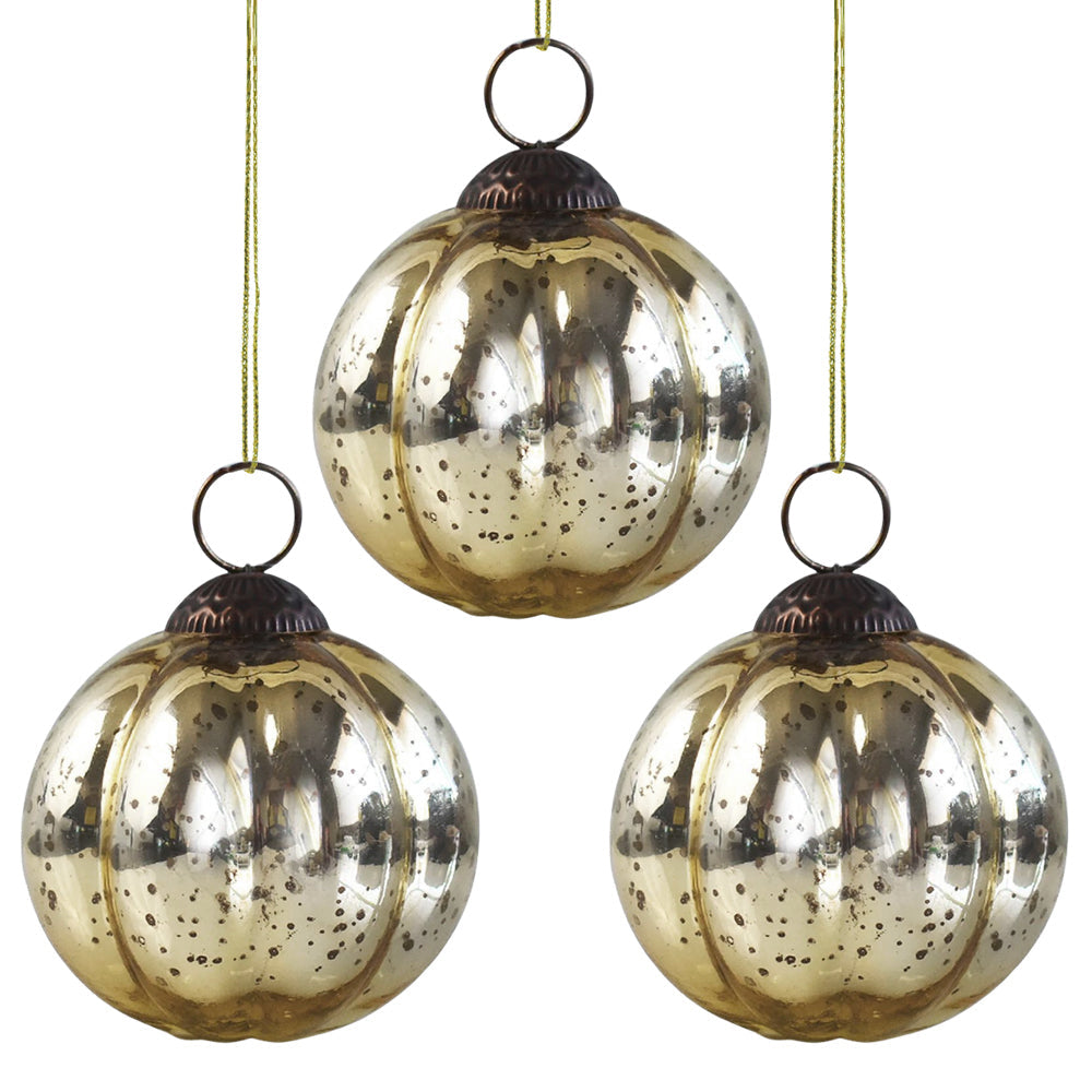3-PACK | 3&quot; Gold Posey Mercury Glass Pumpkin Ornament Christmas Decoration - Luna Bazaar | Boho &amp; Vintage Style Decor