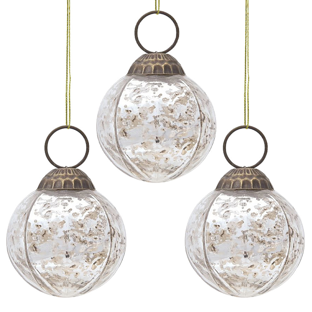 3-PACK | 3&quot; Silver Penina Mercury Glass Round Faceted Ornament Christmas Decoration - Luna Bazaar | Boho &amp; Vintage Style Decor