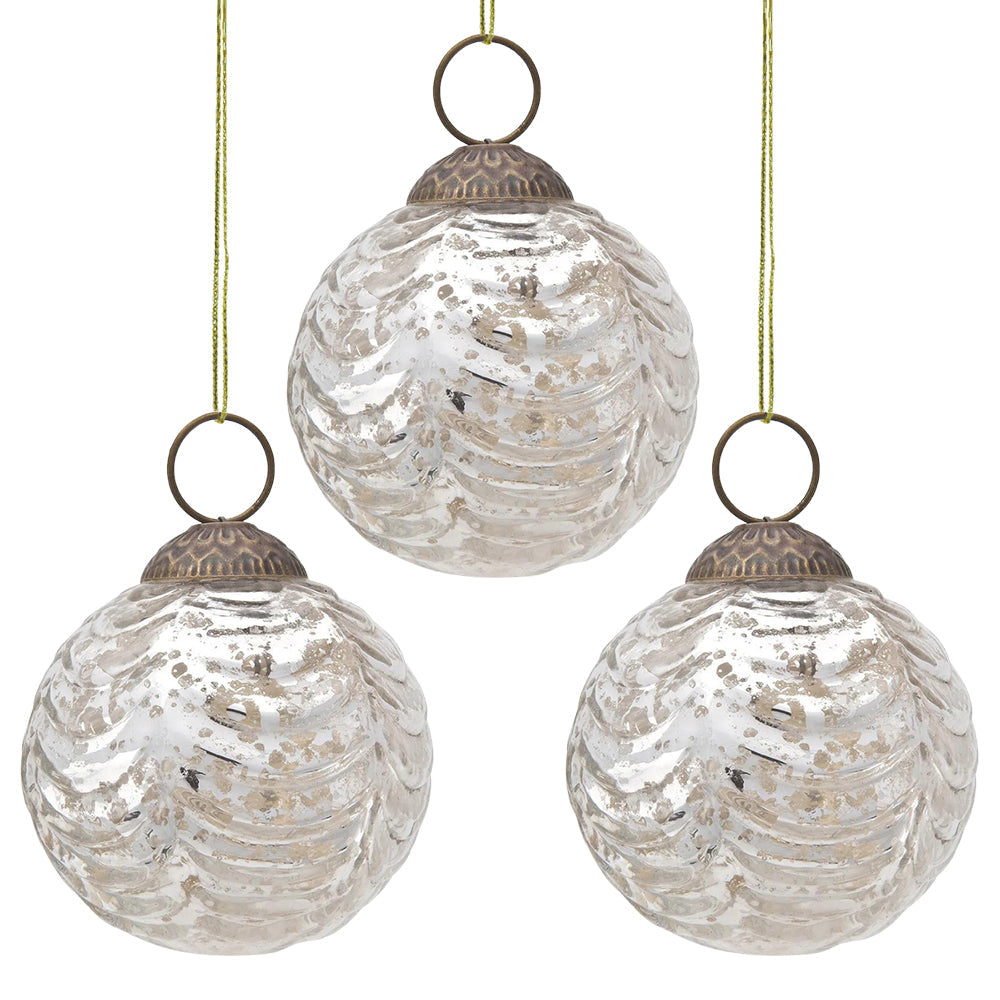3-PACK | 2.5&quot; Silver Nola Mercury Glass Waved Ball Ornament Christmas Decoration - Luna Bazaar | Boho &amp; Vintage Style Decor