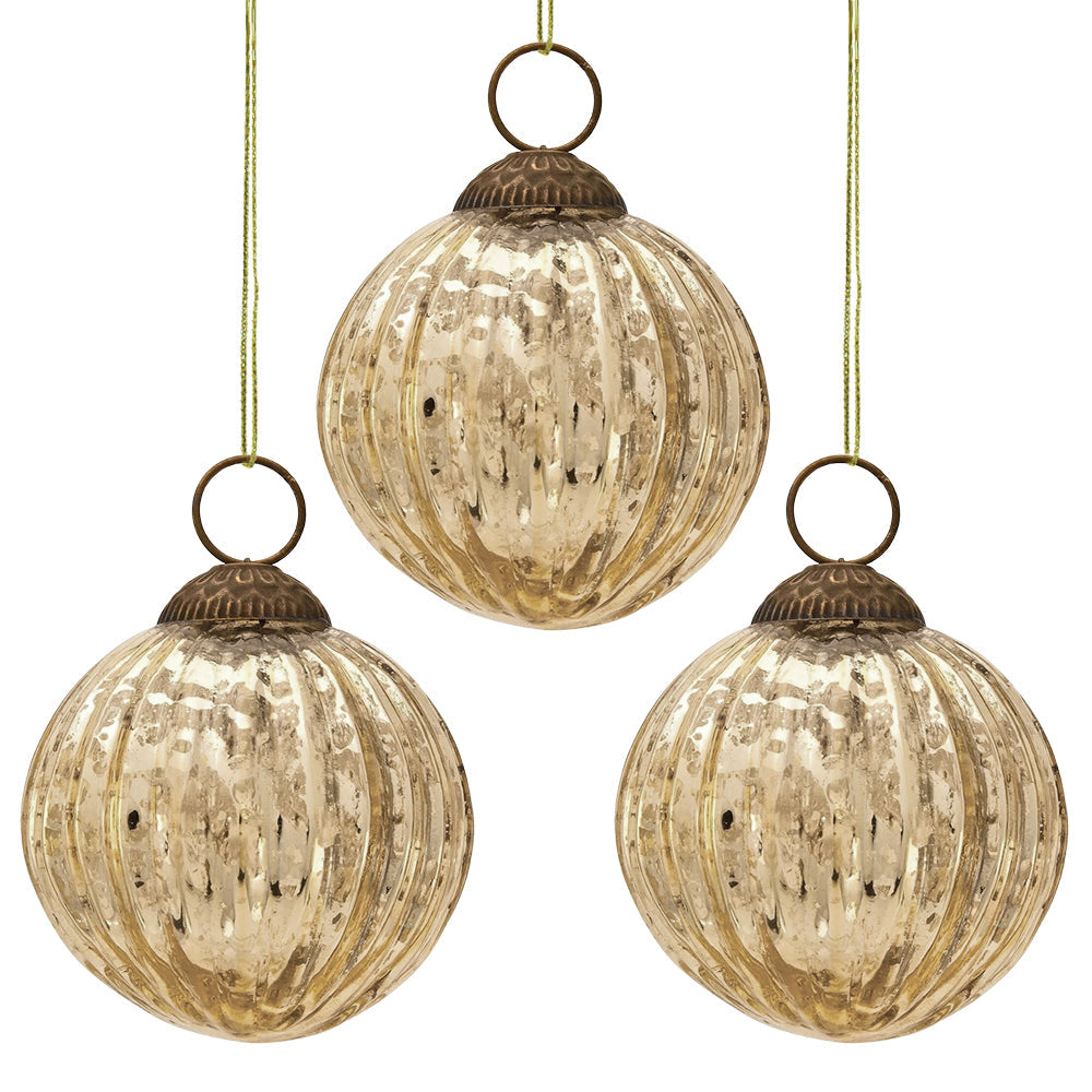 3-PACK | 3&quot; Gold Mona Mercury Glass Lined Ball Ornament Christmas Decoration - Luna Bazaar | Boho &amp; Vintage Style Decor