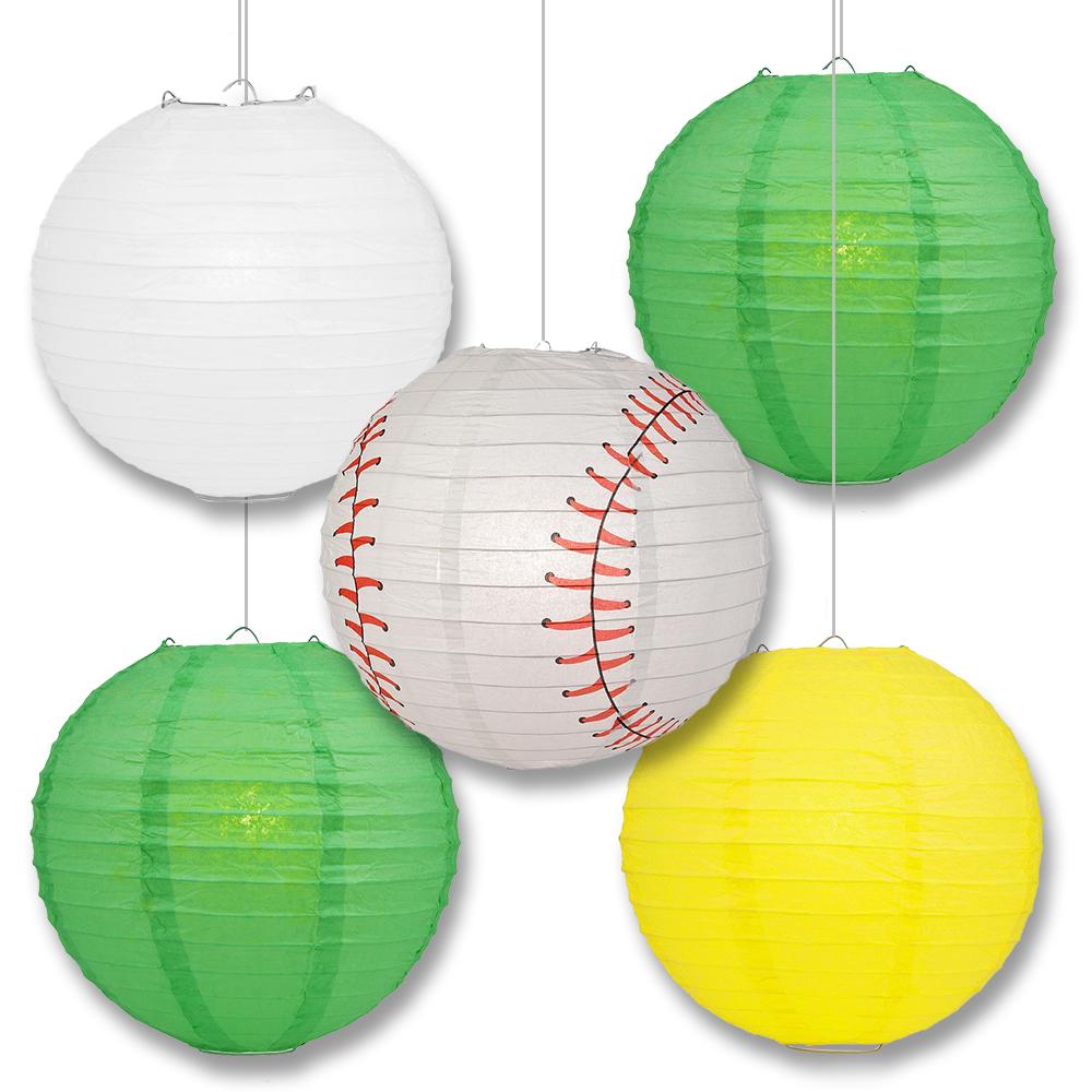 Oakland Pro Baseball Green, Yellow &amp; White 14-inch Paper Lanterns 5pc Combo Party Pack - Luna Bazaar | Boho &amp; Vintage Style Decor