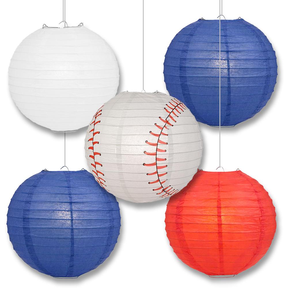 Philadelphia Pro Baseball Red, Blue &amp; White 14-inch Paper Lanterns 5pc Combo Party Pack - Luna Bazaar | Boho &amp; Vintage Style Decor