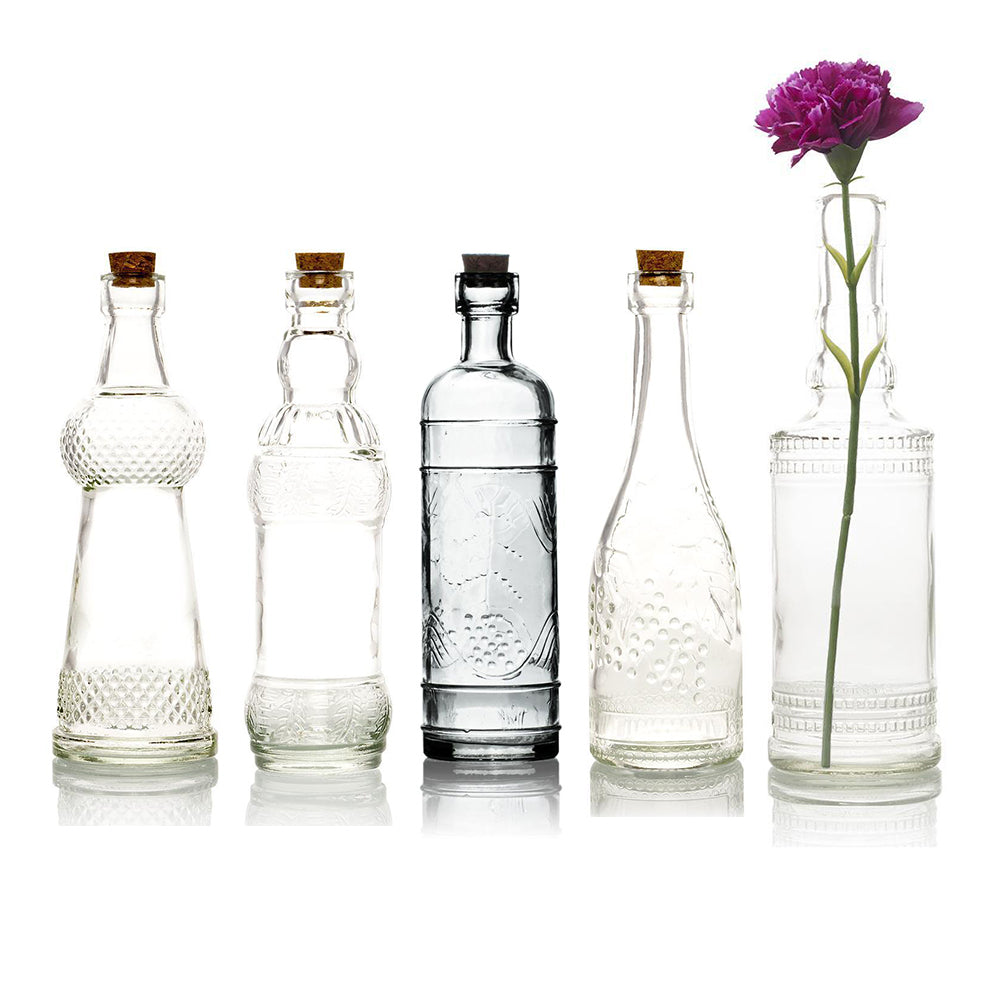 Royal Flush Clear Vintage Glass Bottles Set - (5 Pack, Assorted Designs) - Luna Bazaar | Boho &amp; Vintage Style Decor