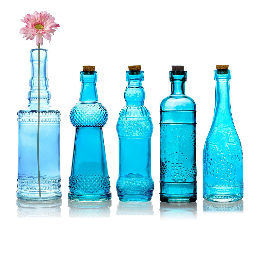 Royal Flush Turquoise Blue Vintage Glass Bottles Set - (5 Pack, Assorted Designs) - Luna Bazaar | Boho &amp; Vintage Style Decor