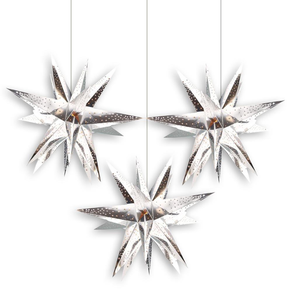 3-PACK + Cord | Silver Moravian Multi-Point 24&quot; Illuminated Paper Star Lanterns and Lamp Cord Hanging Decorations - LunaBazaar.com - Discover. Decorate. Celebrate.