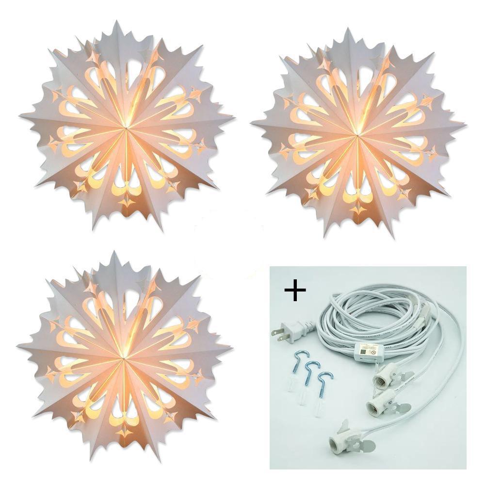 White Angelo 20 Inch Pizzelle Designer Illuminated Paper Star Lanterns and Lamp Cord Hanging Decorations (3-PACK + CORD + BULBS)