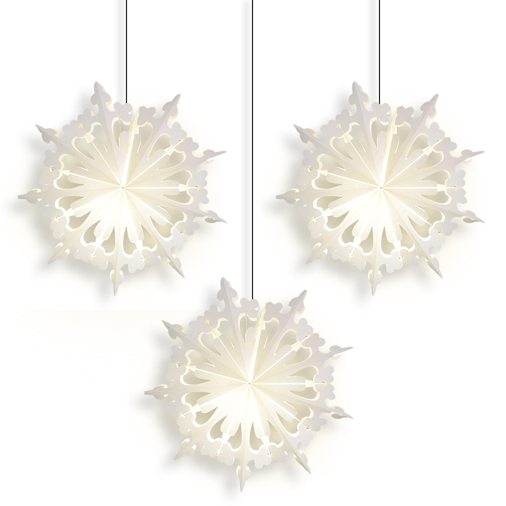 White Semplice 24 Inch Pizzelle Designer Illuminated Paper Star Lanterns and Lamp Cord Hanging Decorations (3-PACK + CORD + BULBS) - Luna Bazaar | Boho &amp; Vintage Style Decor