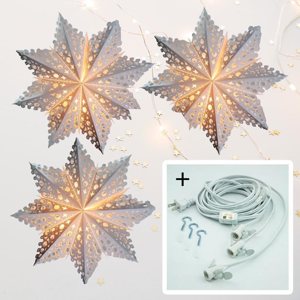 White Solstice 24 Inch Pizzelle Designer Illuminated Paper Star Lanterns and Lamp Cord Hanging Decorations (3-PACK + CORD + BULBS)