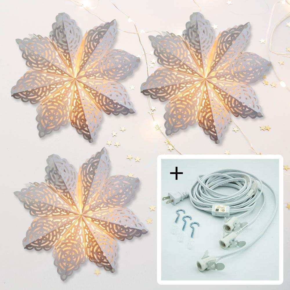 White Winter Frost 24 Inch Pizzelle Designer Illuminated Paper Star Lanterns and Lamp Cord Hanging Decorations (3-PACK + CORD + BULBS)