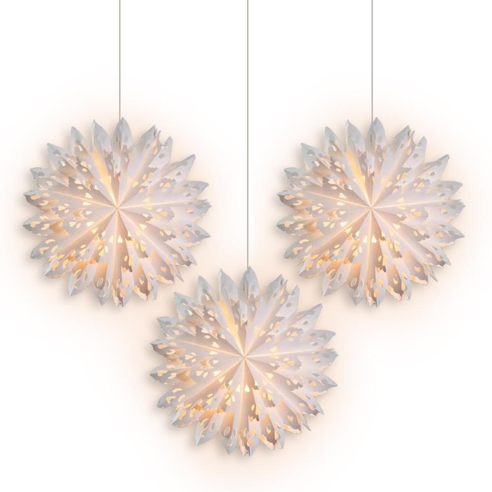 3-PACK + Cord | White Winter Wreath 32 Inch Pizzelle Designer Illuminated Paper Star Lanterns and Lamp Cord Hanging Decorations - LunaBazaar.com - Discover. Decorate. Celebrate.