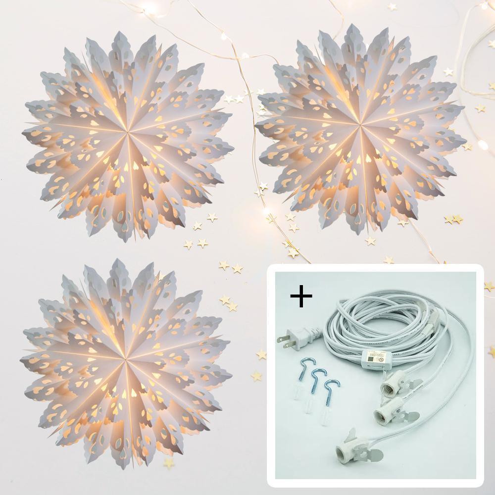 3-PACK + Cord | White Winter Wreath 32 Inch Pizzelle Designer Illuminated Paper Star Lanterns and Lamp Cord Hanging Decorations - LunaBazaar.com - Discover. Decorate. Celebrate.