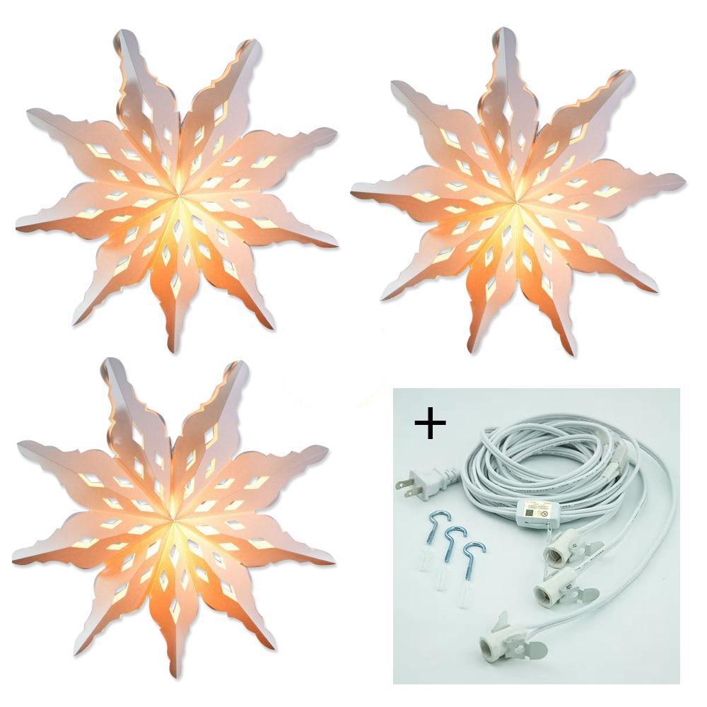 White Winter Diamond 27 Inch Pizzelle Designer Illuminated Paper Star Lanterns and Lamp Cord Hanging Decorations (3-PACK + CORD + BULBS)