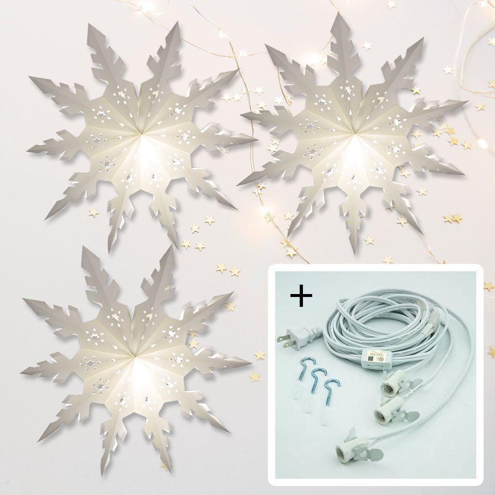 White Winter Peppermint 24 Inch Pizzelle Designer Illuminated Paper Star Lanterns and Lamp Cord Hanging Decorations (3-PACK + CORD + BULBS)