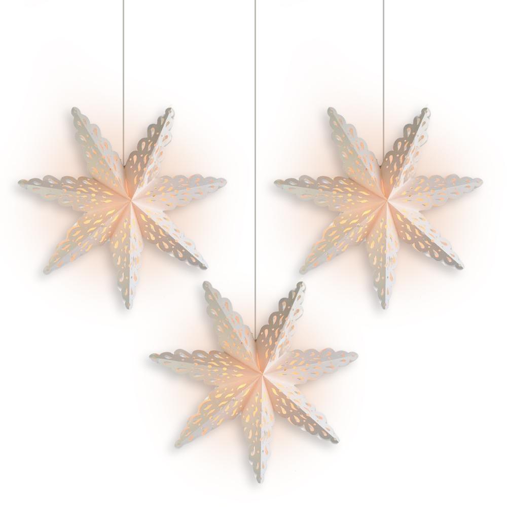 3-PACK + Cord | White Winter Holiday Spirit 24&quot; Pizzelle Designer Illuminated Paper Star Lanterns and Lamp Cord Hanging Decorations - LunaBazaar.com - Discover. Decorate. Celebrate.