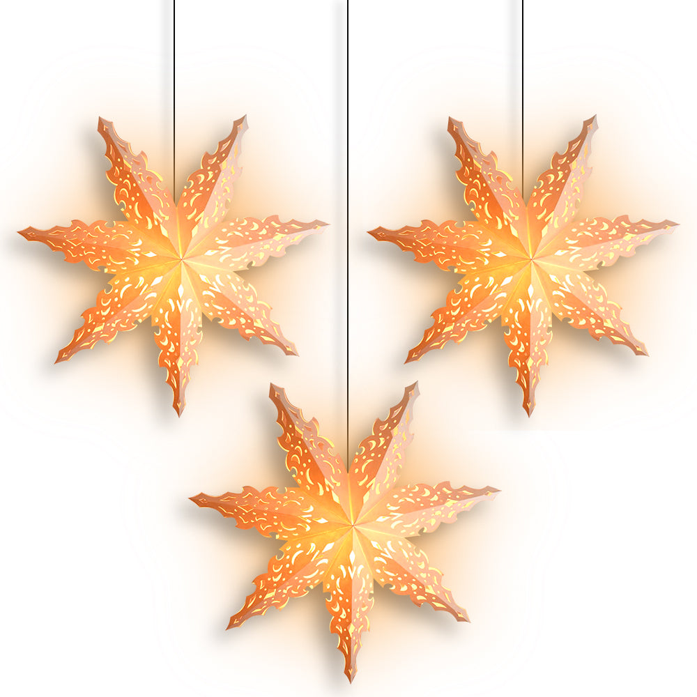 White Winter North Star 24 Inch Pizzelle Designer Illuminated Paper Star Lanterns and Lamp Cord Hanging Decorations (3-PACK + CORD + BULBS) - Luna Bazaar | Boho &amp; Vintage Style Decor