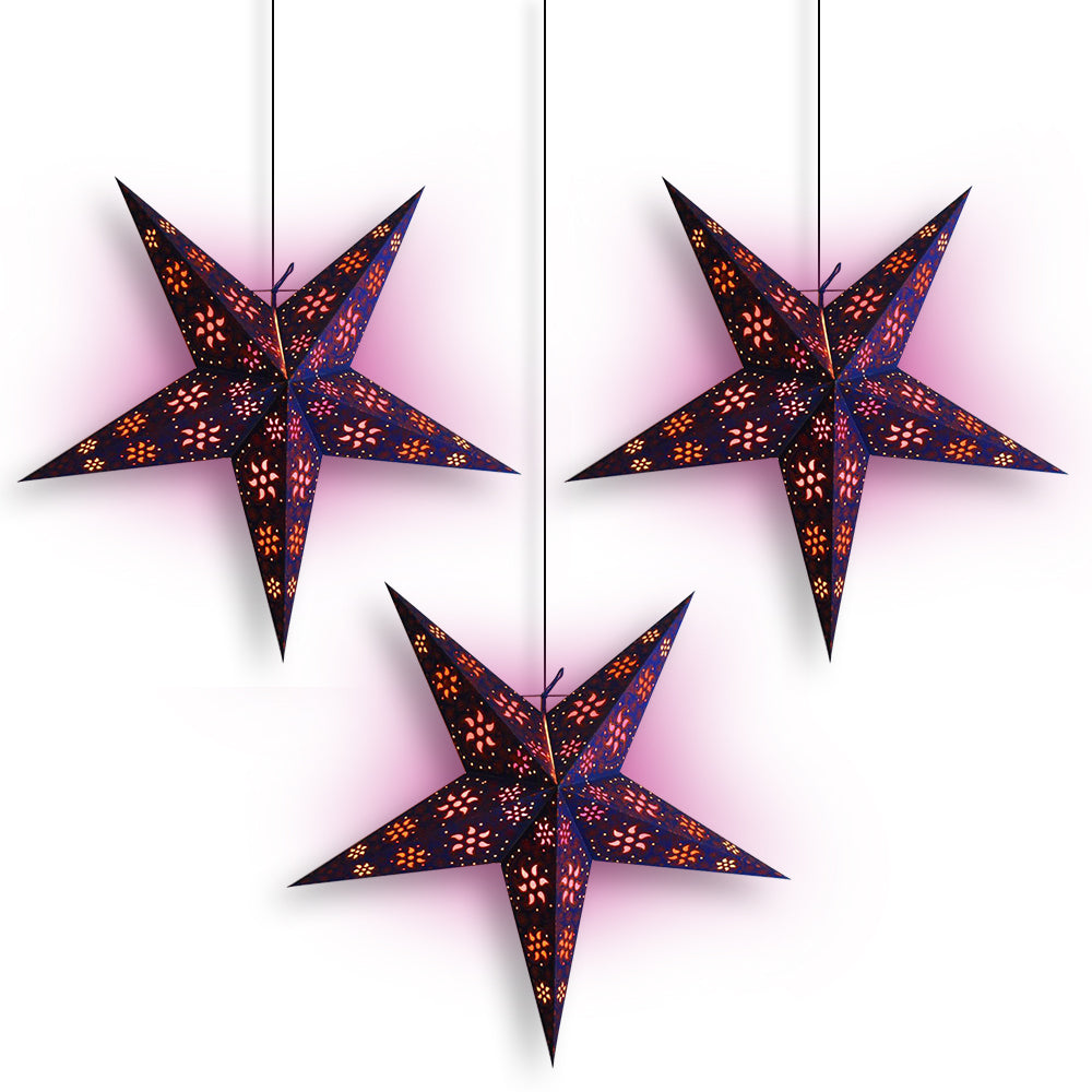 Blue / Copper Glitter Winds 24 Inch Illuminated Paper Star Lanterns and Lamp Cord Hanging Decorations (3-PACK + CORD + BULBS) - Luna Bazaar | Boho &amp; Vintage Style Decor