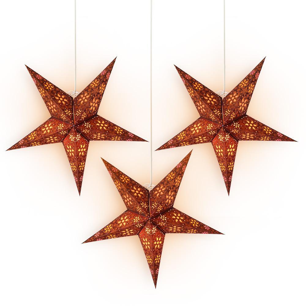 24 Inch Brown Winds Glitter Paper Star Lantern and Lamp Cord Hanging Decoration (3-PACK + CORD + BULBS)