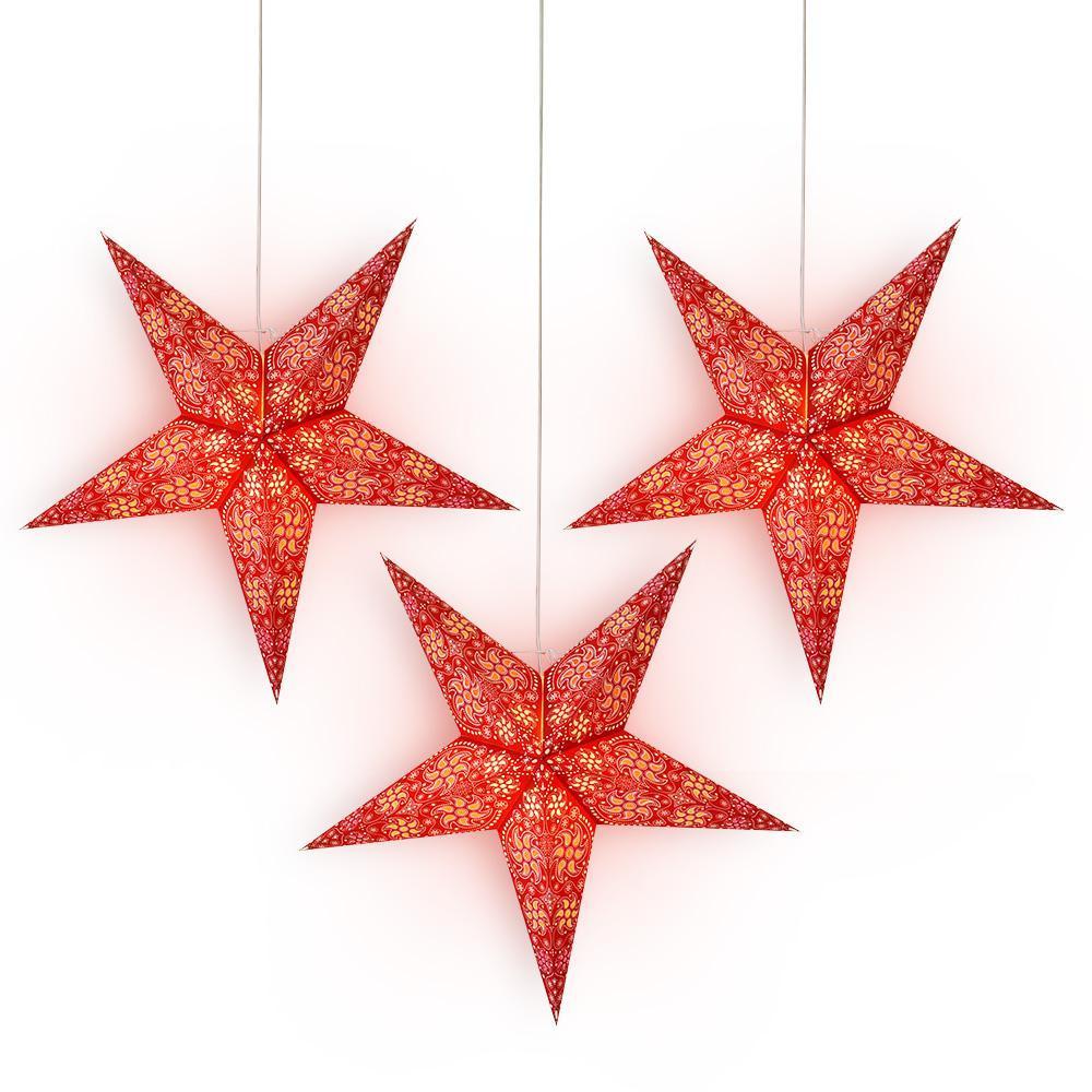 24 Inch Red Winds Paper Star Lantern and Lamp Cord Hanging Decoration (3-PACK + CORD + BULBS)