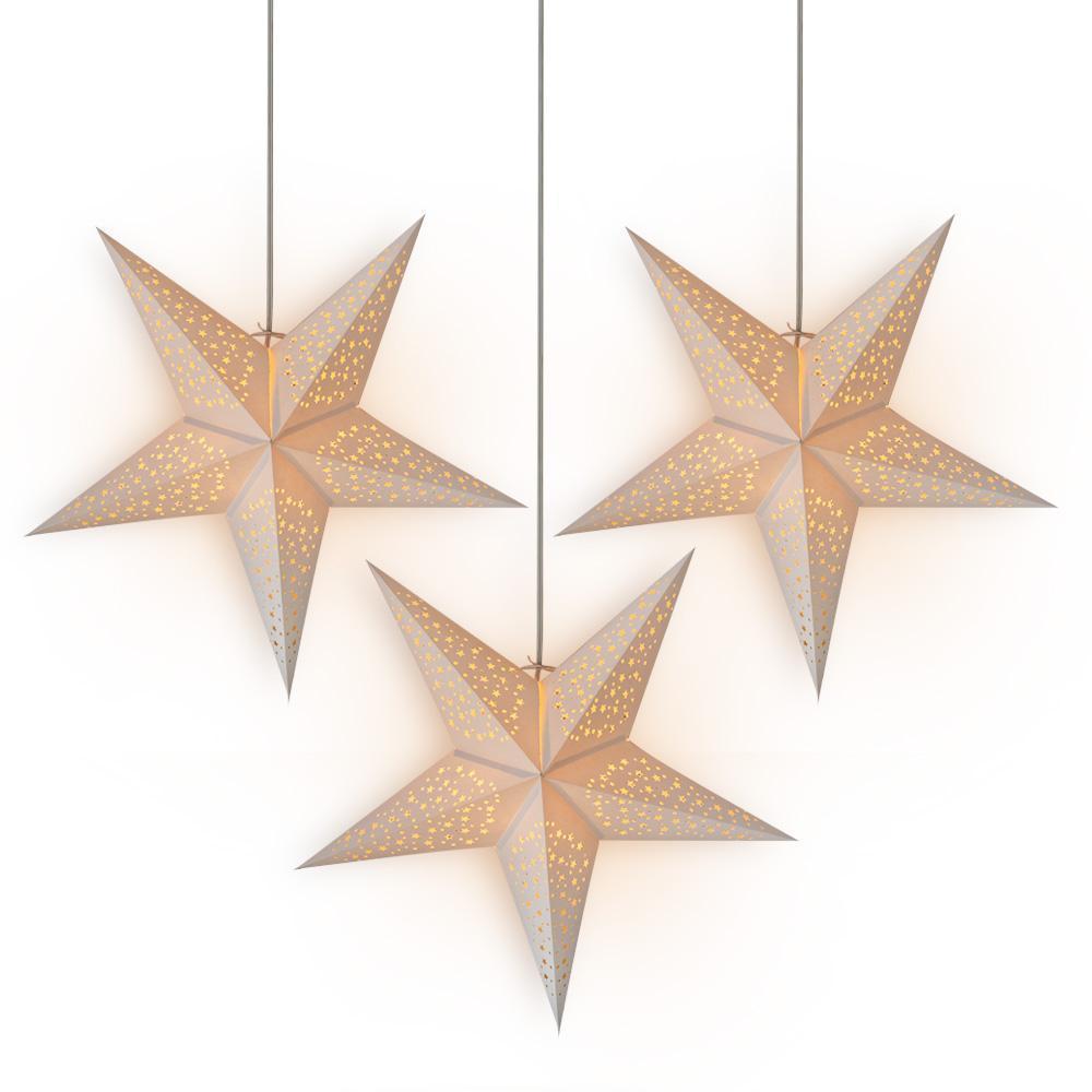 24 Inch White &#39;Thousand Stars&#39; Paper Star Lantern and Lamp Cord Hanging Decoration (3-PACK + CORD + BULBS)