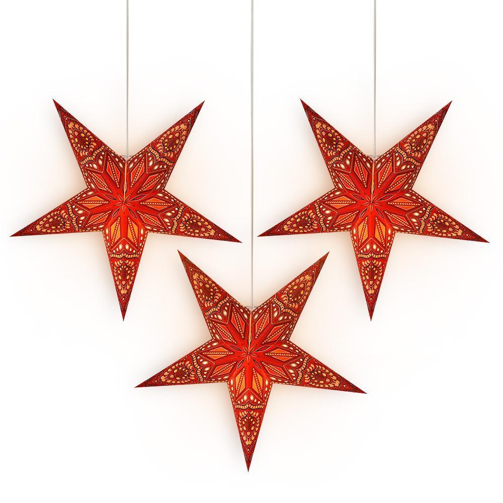 24 Inch Red Crystal Paper Star Lantern and Lamp Cord Hanging Decoration (3-PACK + CORD + BULBS)